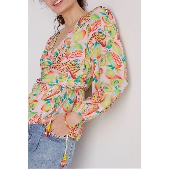 NEW FARM Rio Anthropologie Rainforest Tropical Wrap Long-Sleeve Blouse Top Small - Picture 3 of 3